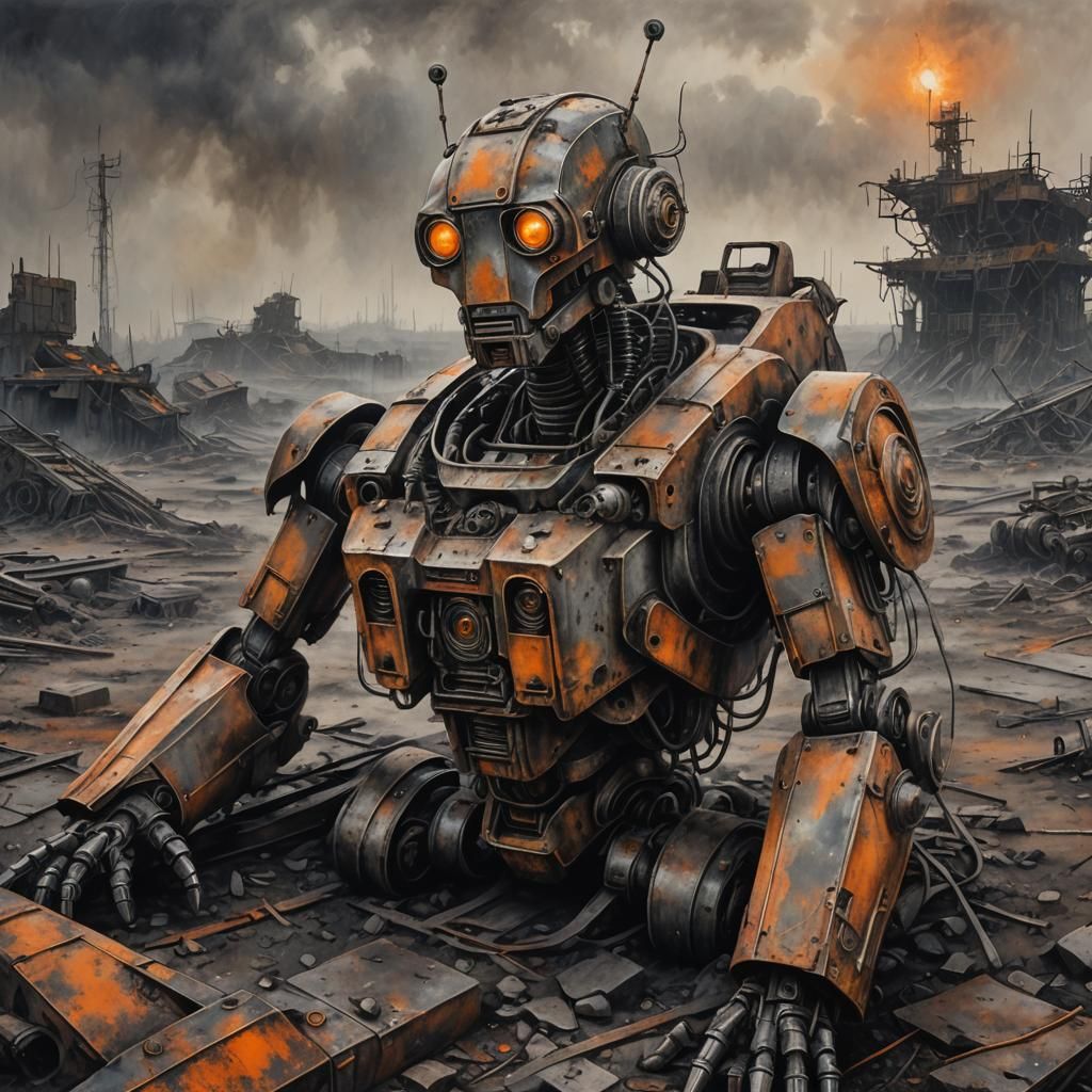 Post-Apocalyptic Robot in Charcoal Drawing Style