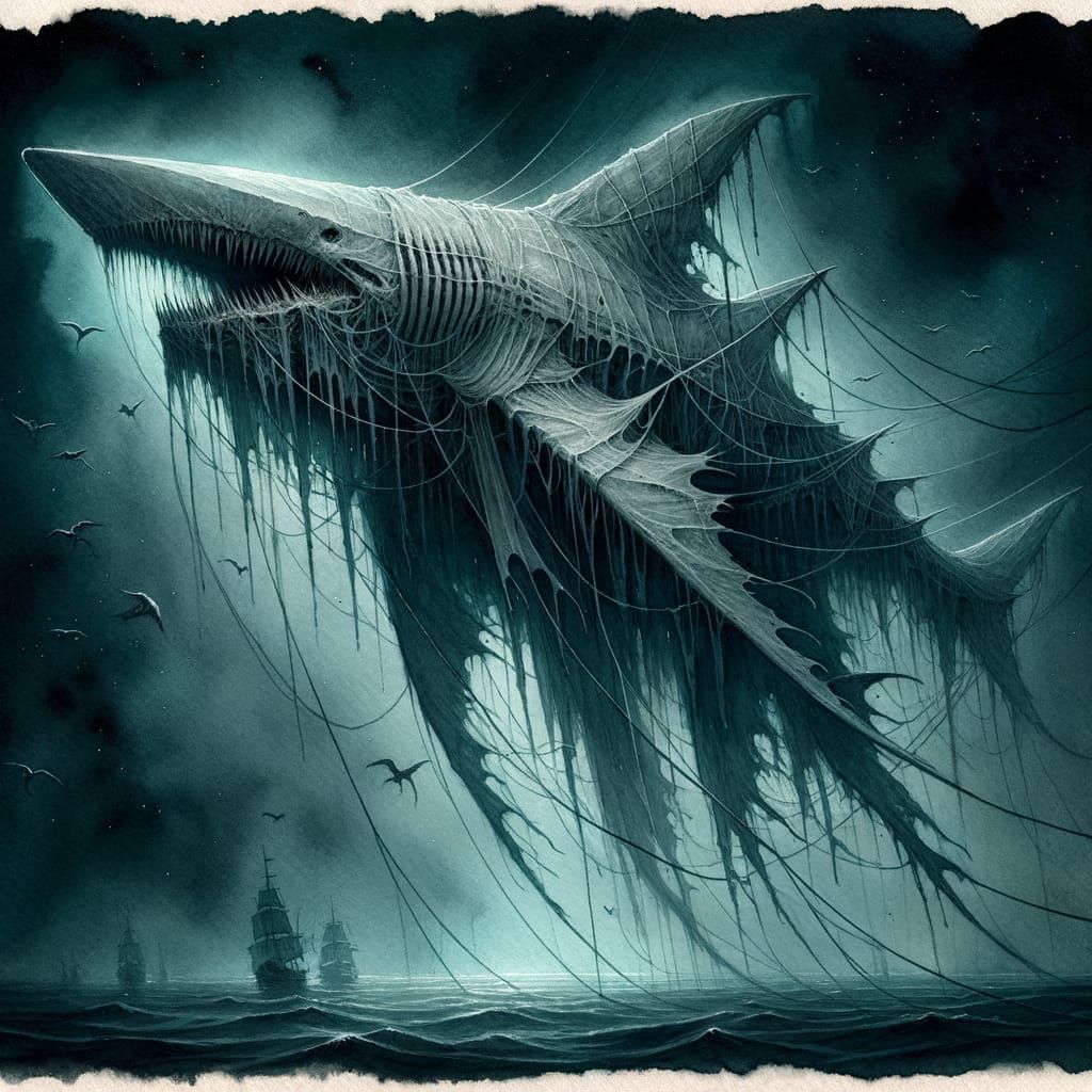 Otherworldly Spectral Jelly-Shark in Moody Watercolor Scene