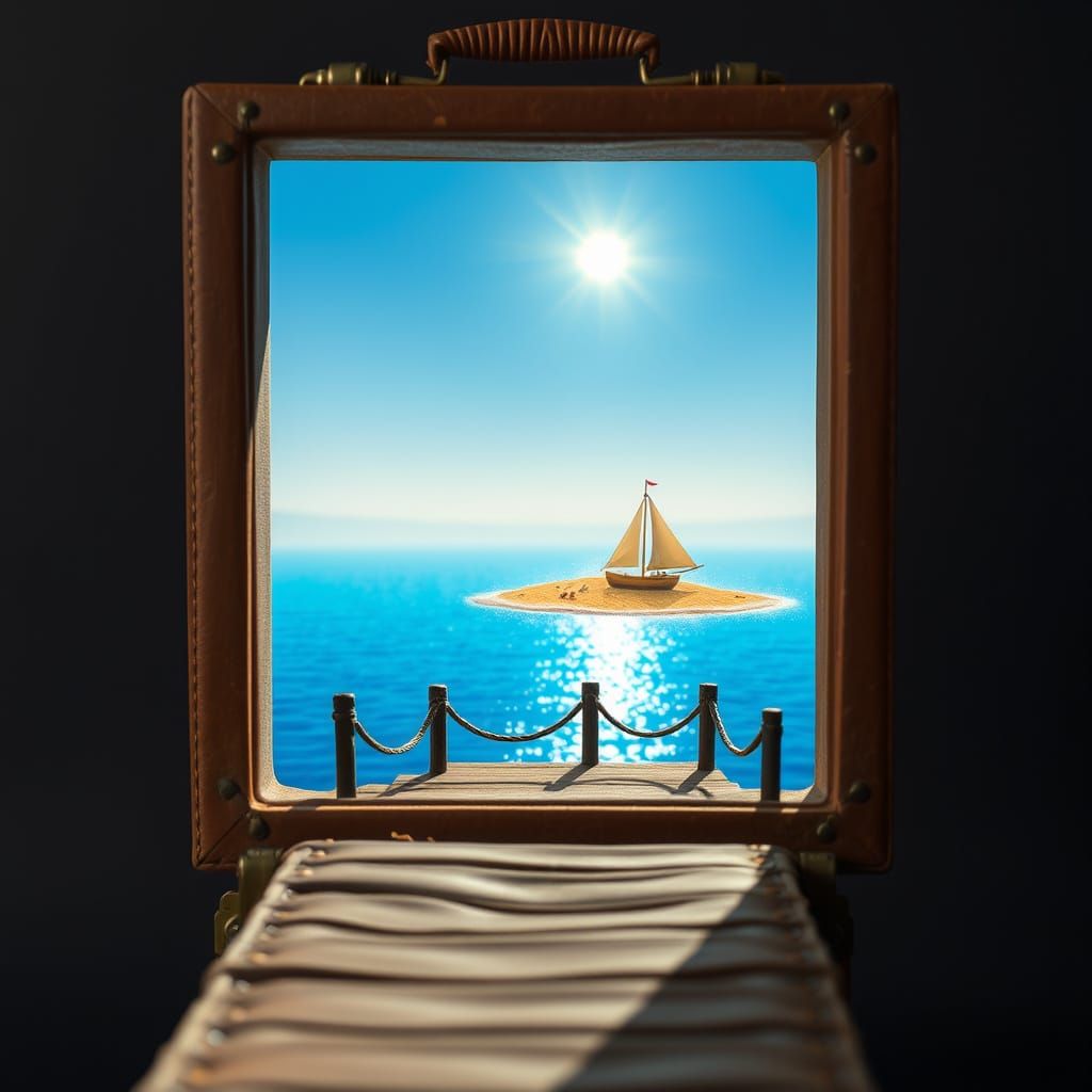 Miniature Beach Scene Inside Vintage Suitcase
