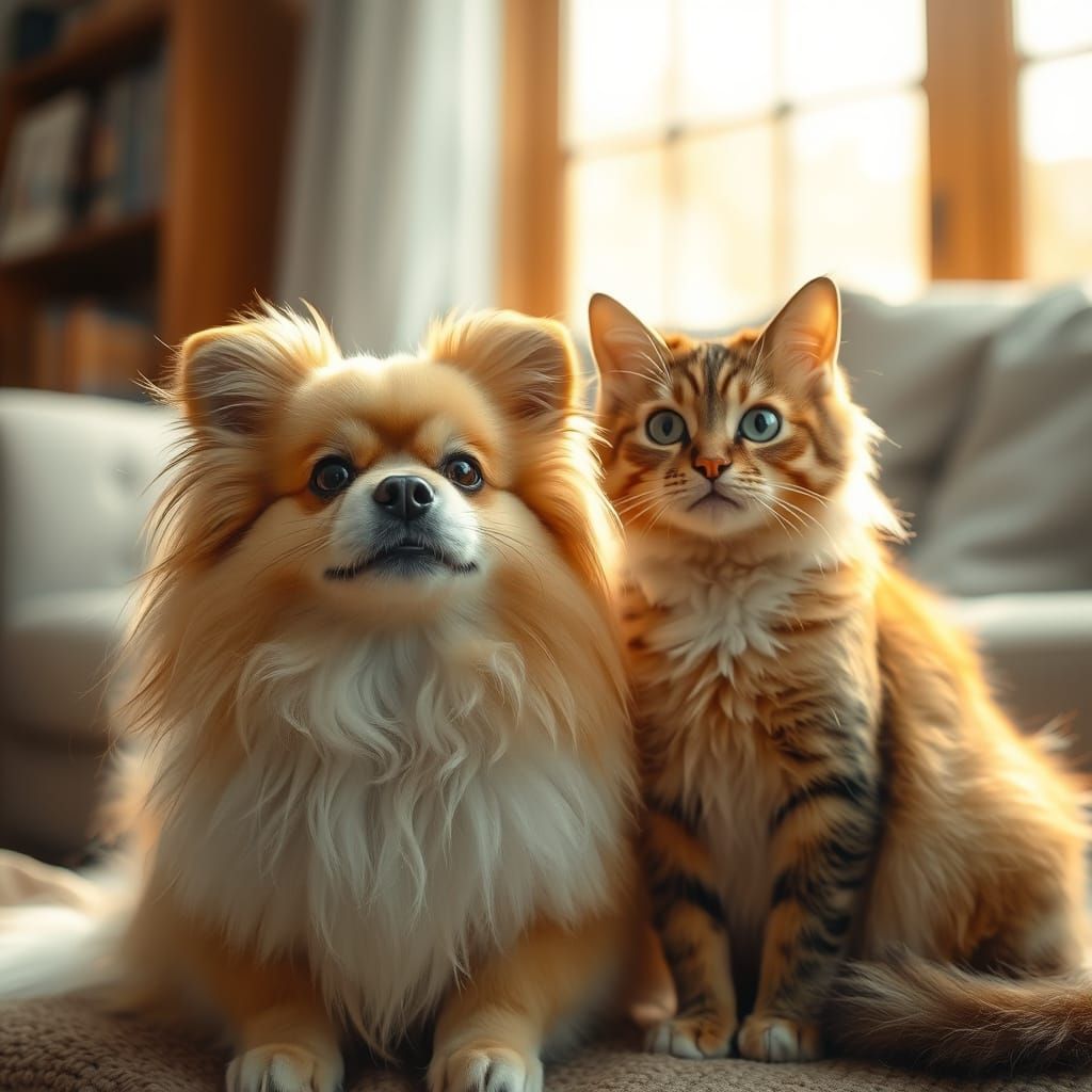 Realistic Portrait of a Pomeranian and Cat in a Cozy Living ...