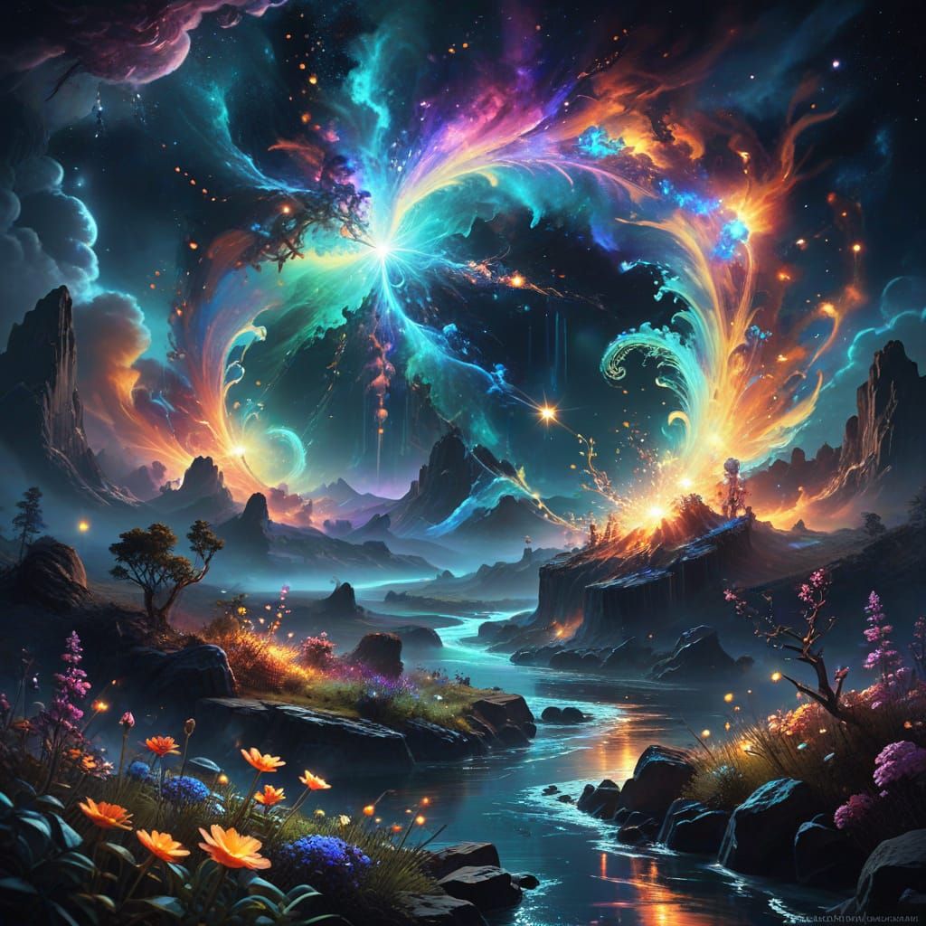 Ethereal Beings Manifest in Vibrant Magical Landscape