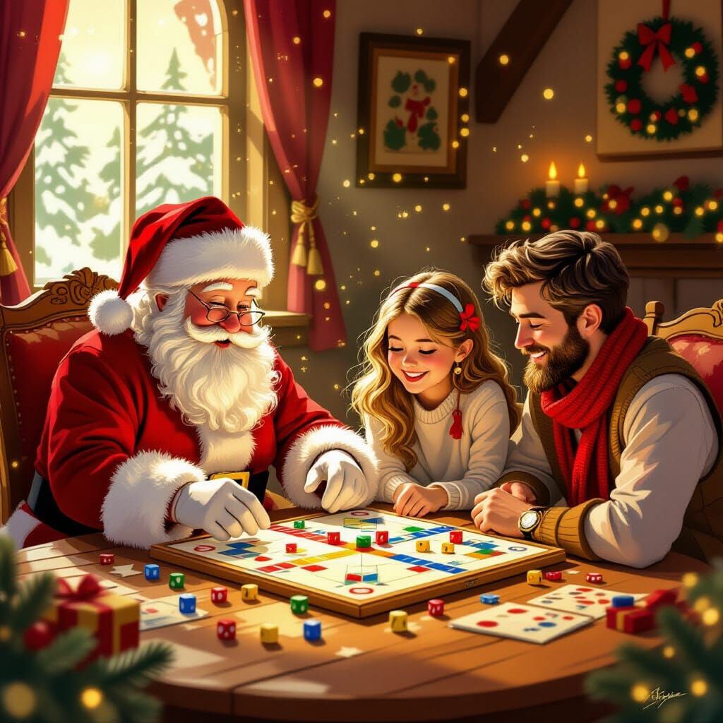 Santa Claus Enjoys a Ludo Game with His Family