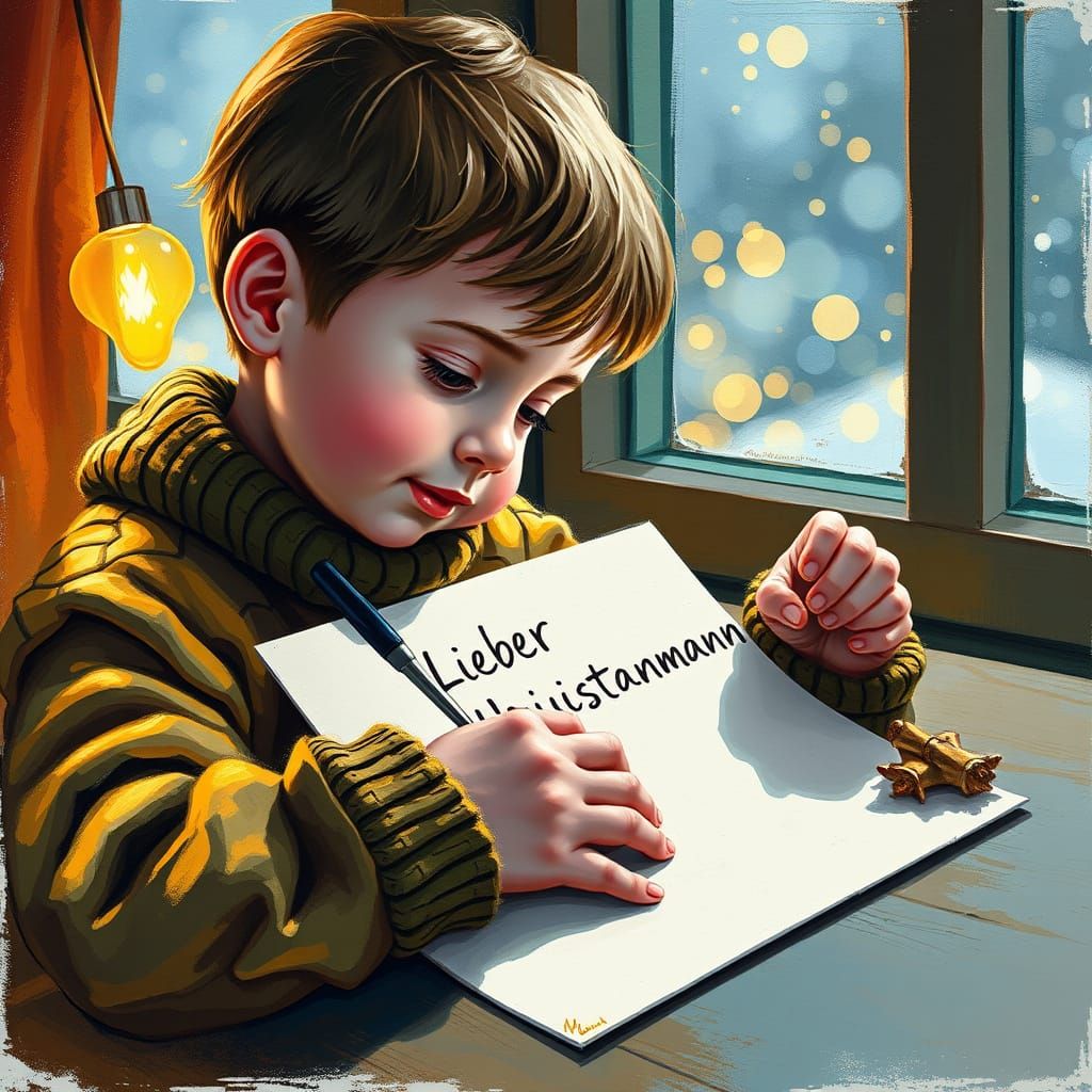 Child Writes Wish List to Santa in Impressionist Gouache Sty...