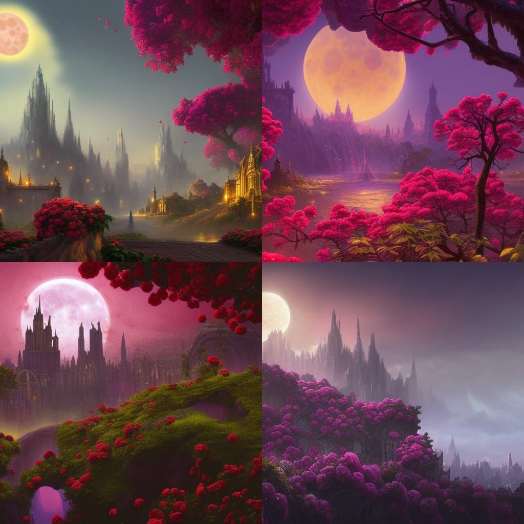 City with Red and Purple Moonrise: Fantasy Art