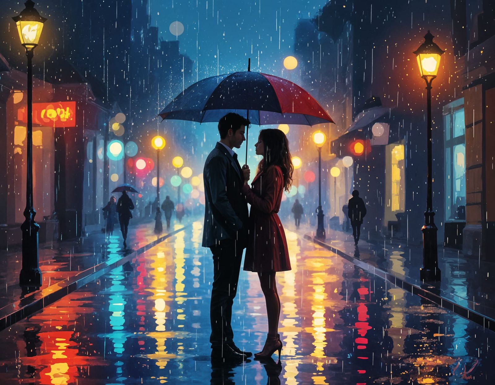 Lovers Under Umbrella in Dreamy, Rain-Soaked Street