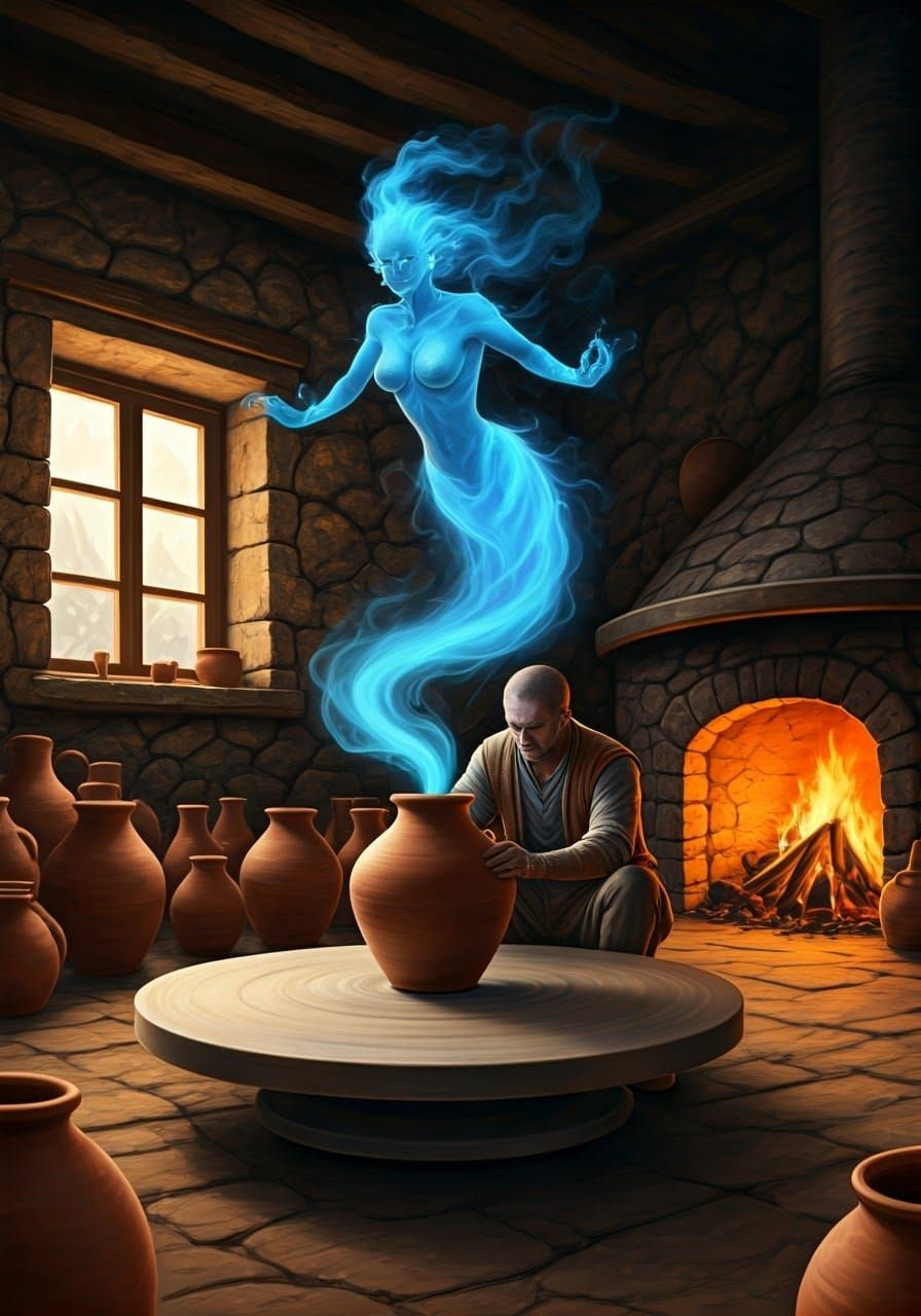 Mystical Blue Genie Emerges from Clay Pot