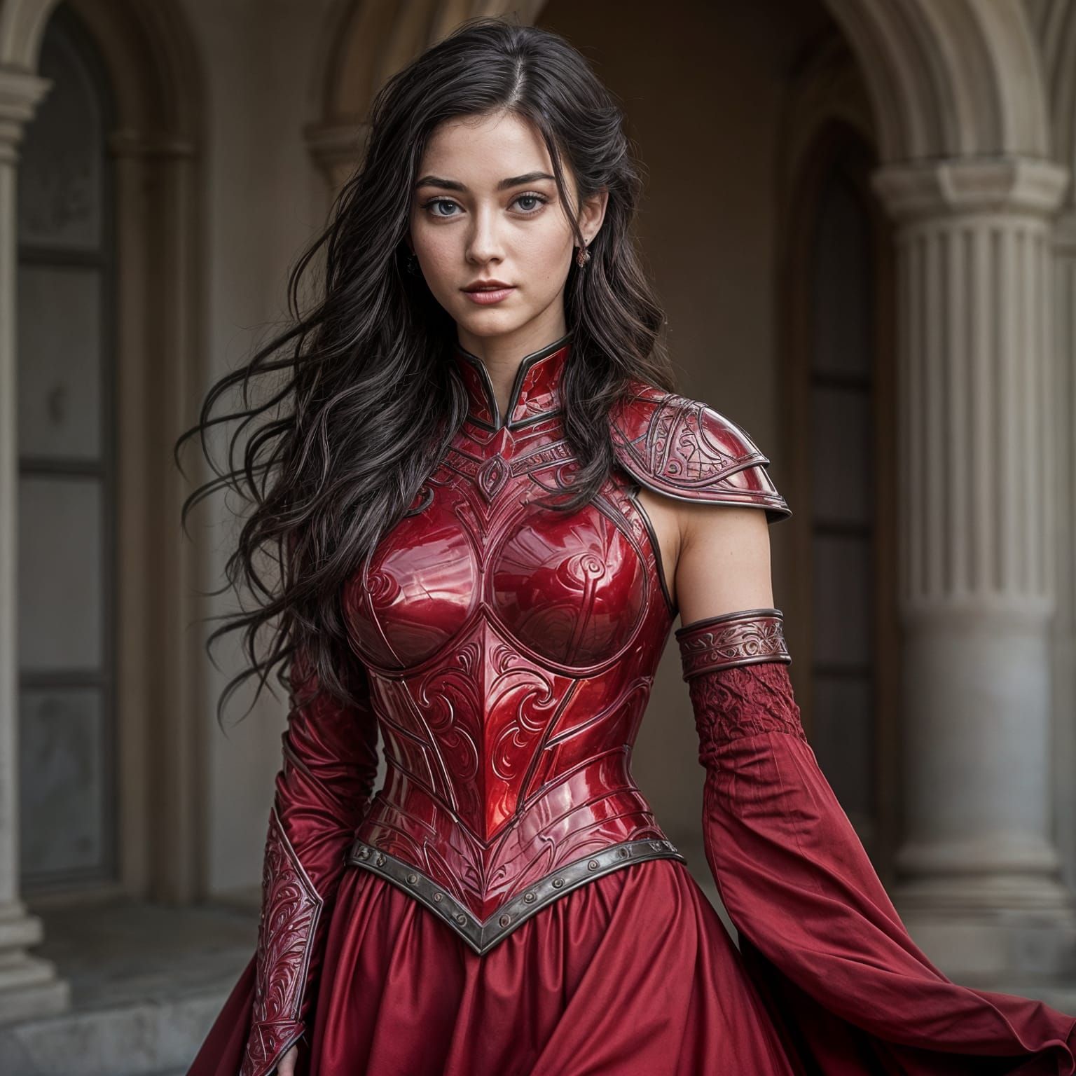 Woman in Red Armor Dress: Hyperrealistic Portrait
