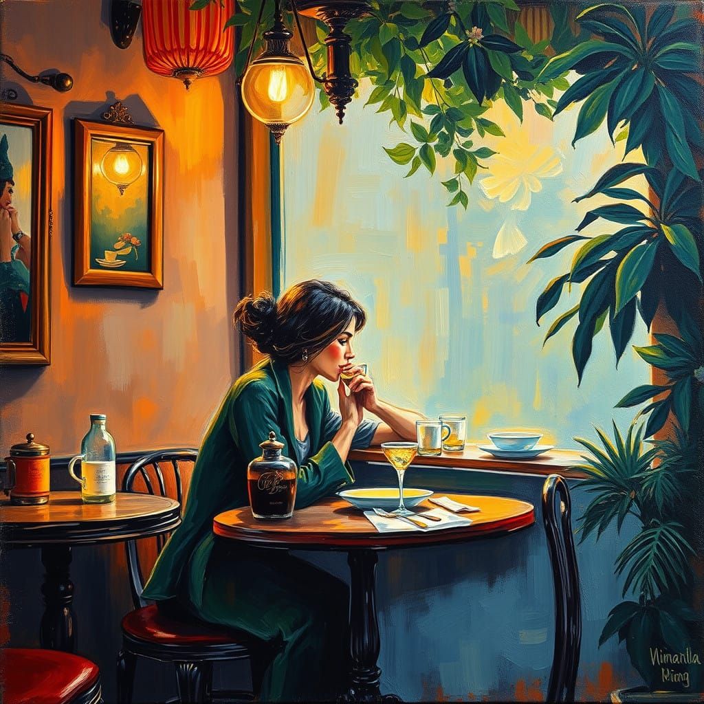 Softly Lit Cafe Romance in Neo-Impressionist Oil