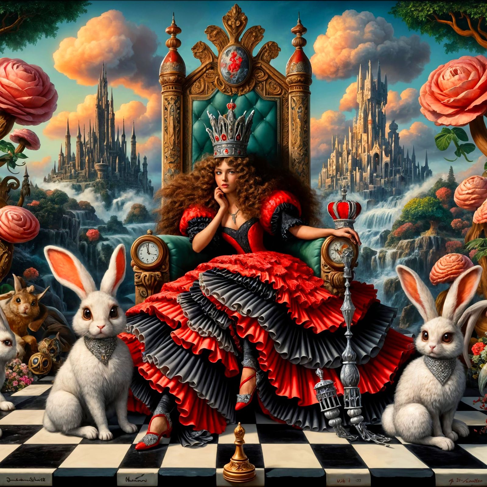 Fantasy Queen on Chess Throne with Diamond Bunnies