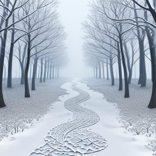 Fog with snow on the black trees. A path with snow. With a moon