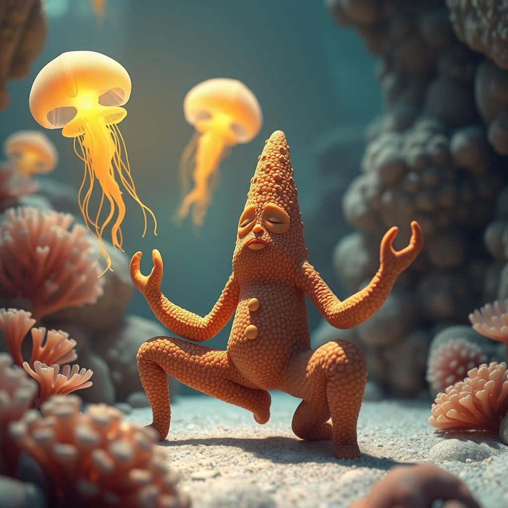 Starfish in Yoga Pose Meditating Underwater: 3D Anime
