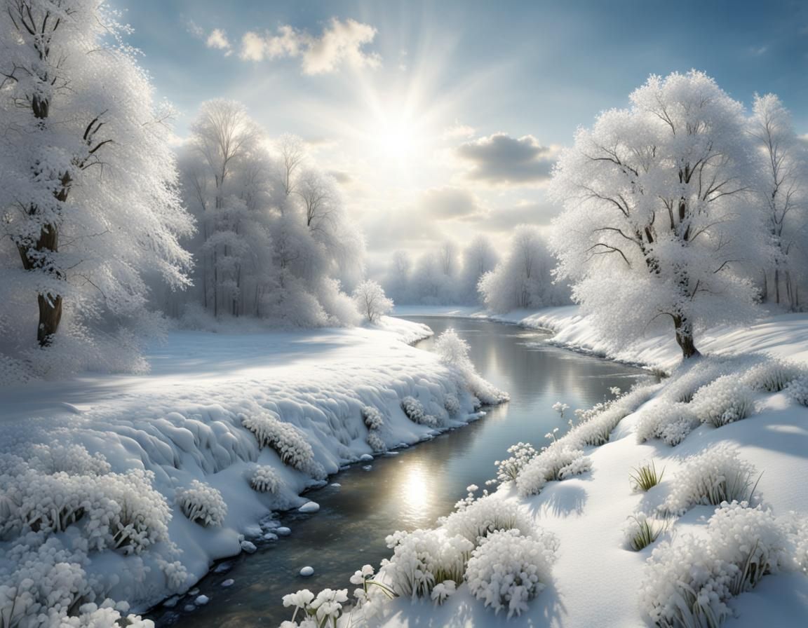 Snowy River Landscape with Hoarfrost and Sunshine