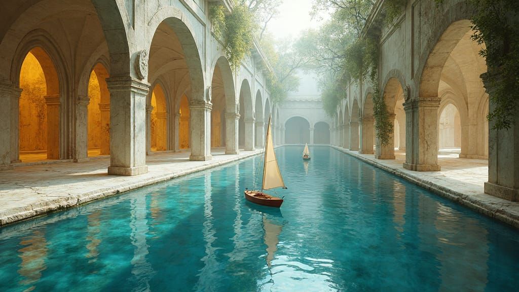 Sailboats in Abandoned Temple Lagoon: Digital Illustration