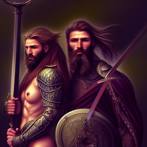 Siren and Bearded Warrior in Swamp with Sword