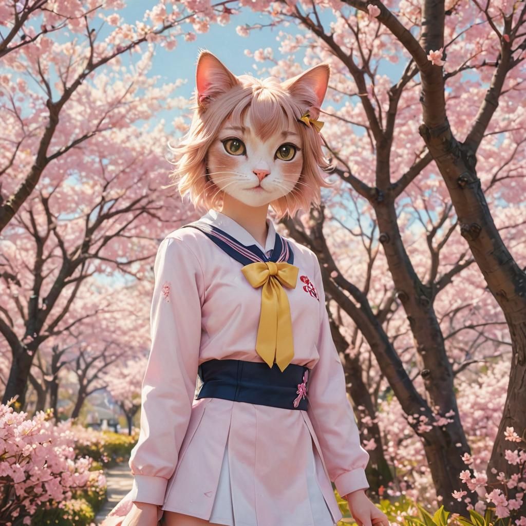 Anime Cat Girl in Cherry Blossom Garden
