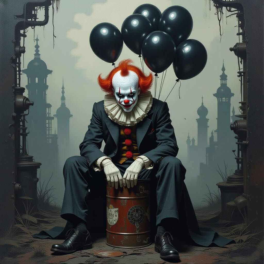 Melancholic Clown with Black Balloons in Biomechanical Scene...