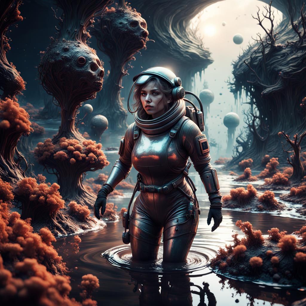 Astronaut Girl Sinking in Quicksand Swamp: Fantasy Art