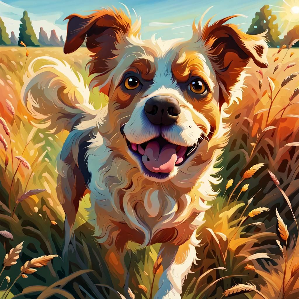 Whimsical Dog Farting in a Sunny Field
