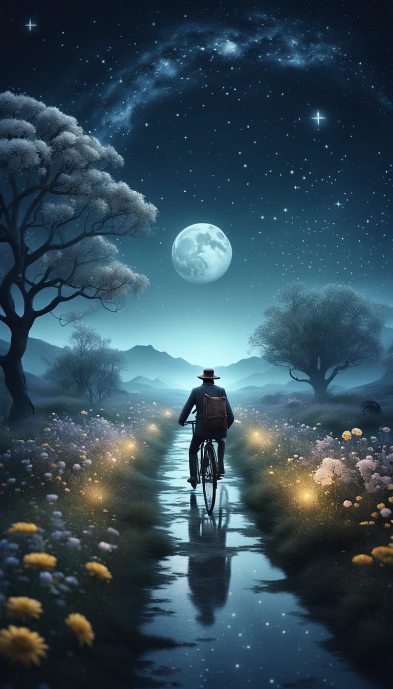 Dreamlike Bicycle Journey Under a Starry Sky