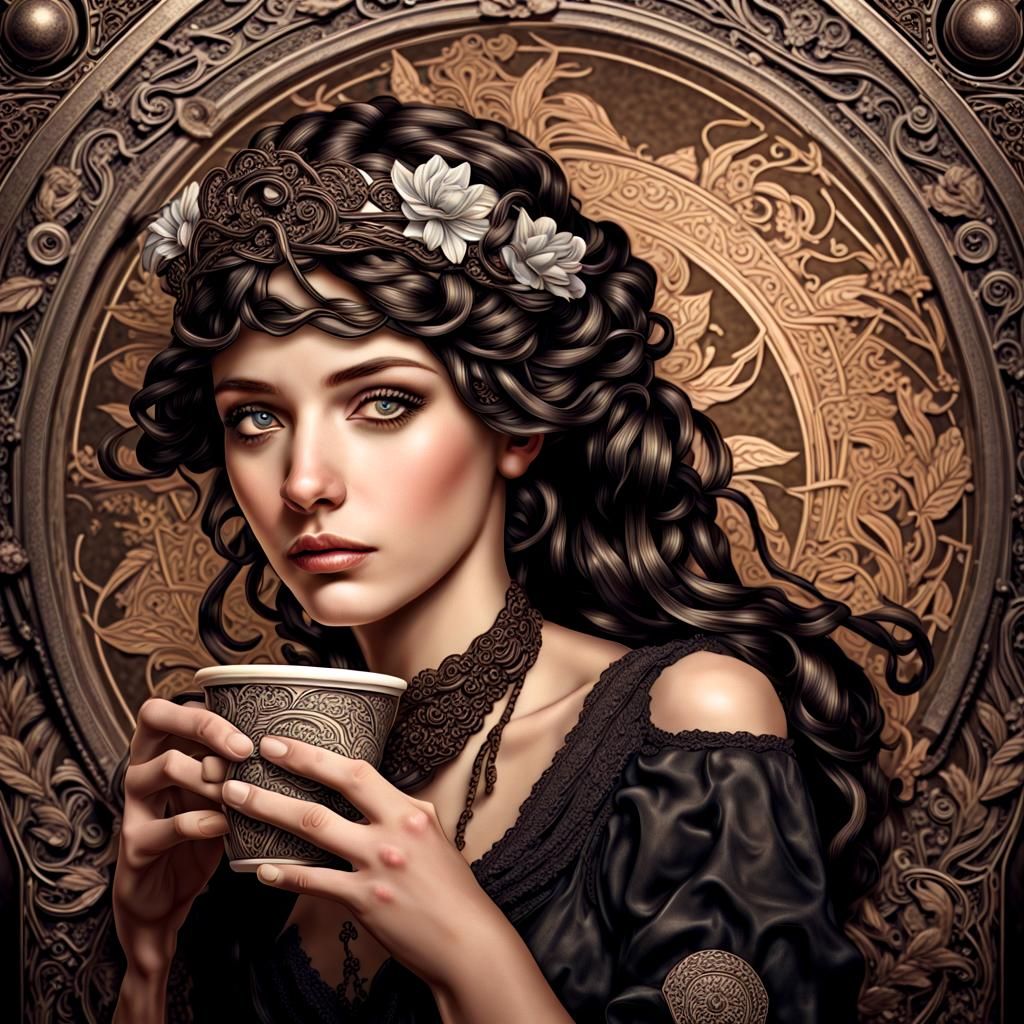Black Medicine Coffee Ad in Alphonse Mucha Style