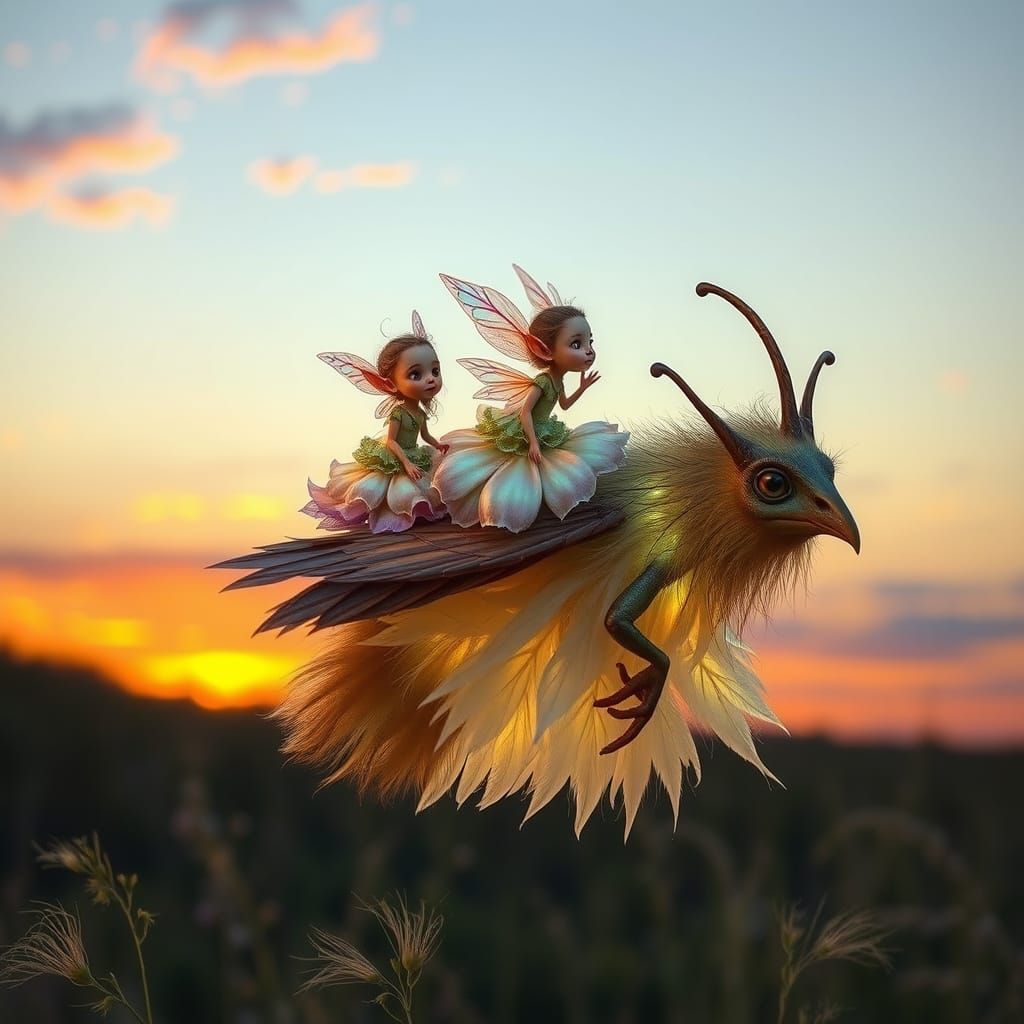 Fairytale Creatures Ride a Luminous Hornet at Sunset