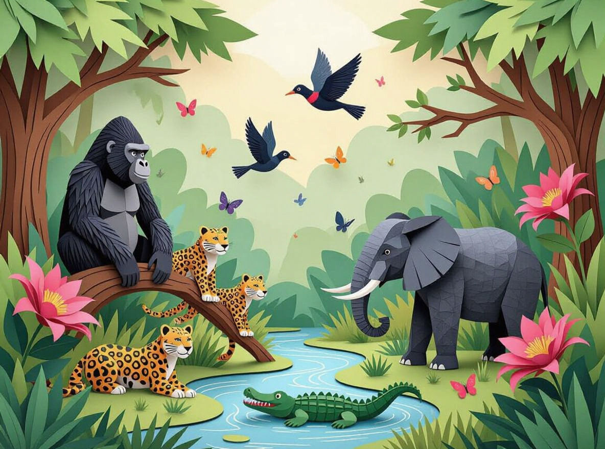 Vibrant Paper Jungle Ecosystem with African Wildlife