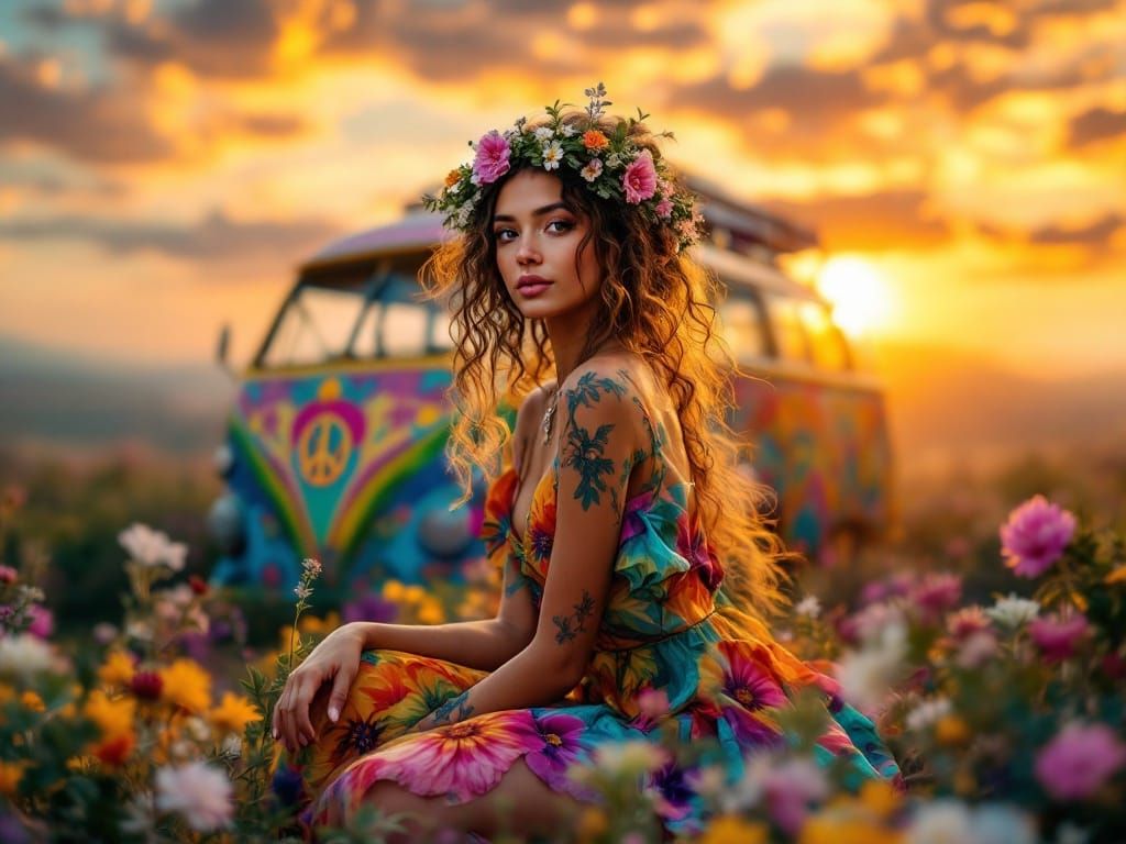Vibrant Hippie Woman Surrounded by Psychedelic VW Bus in a L...