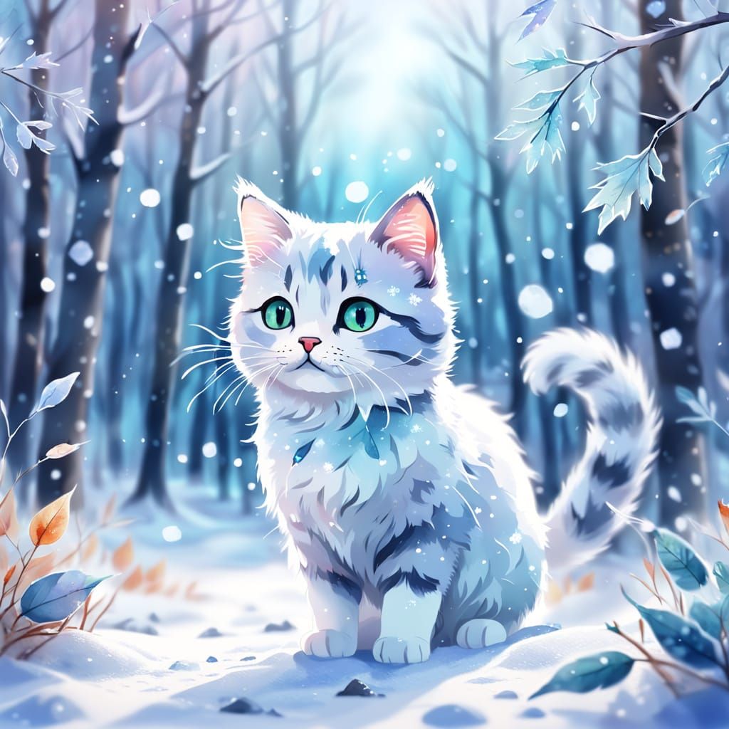Cute Cat in Winter Forest: Watercolor Style