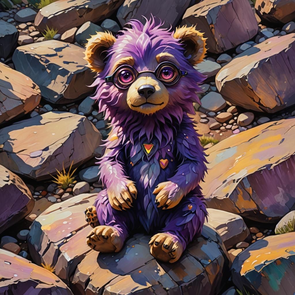 Creepy Cute Purple Creature on Rock, Oil Painting