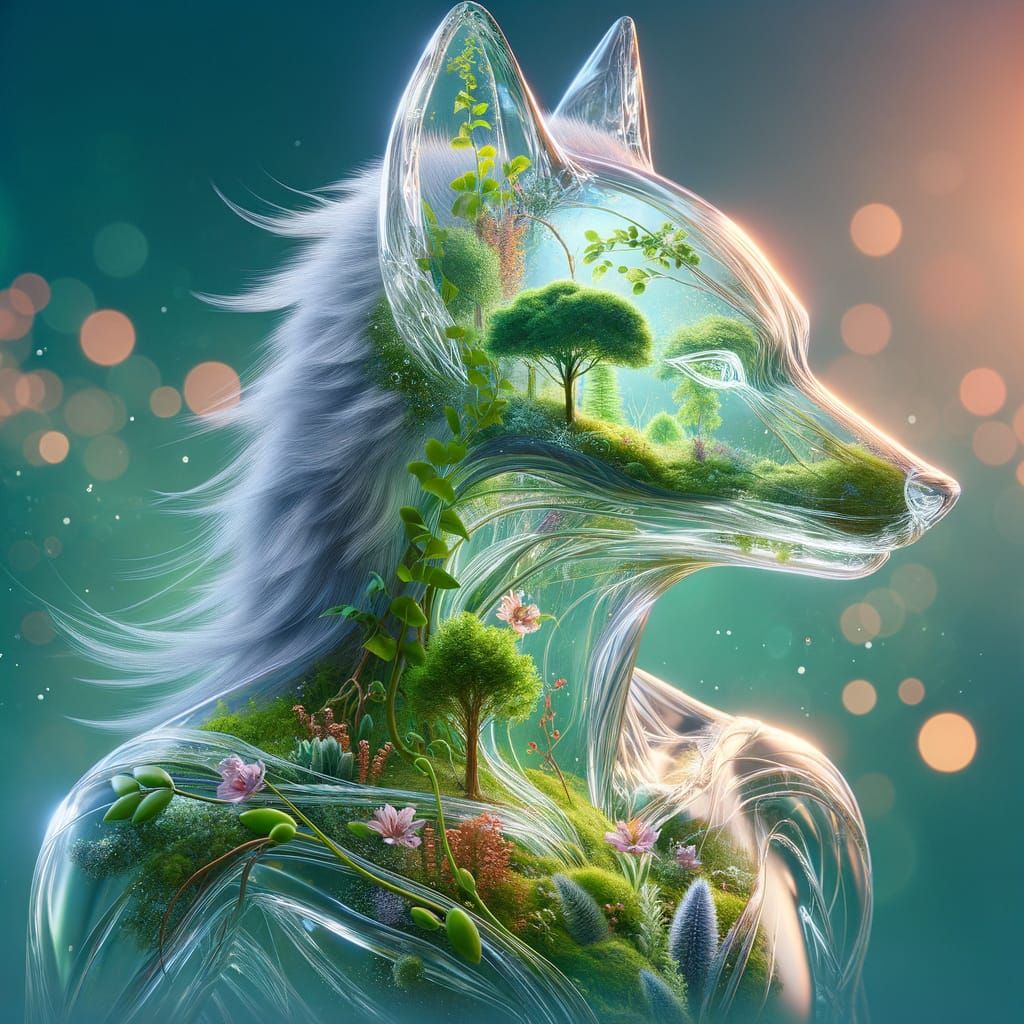 Luminous Transparent Glass Fox with Internal Ecosystem