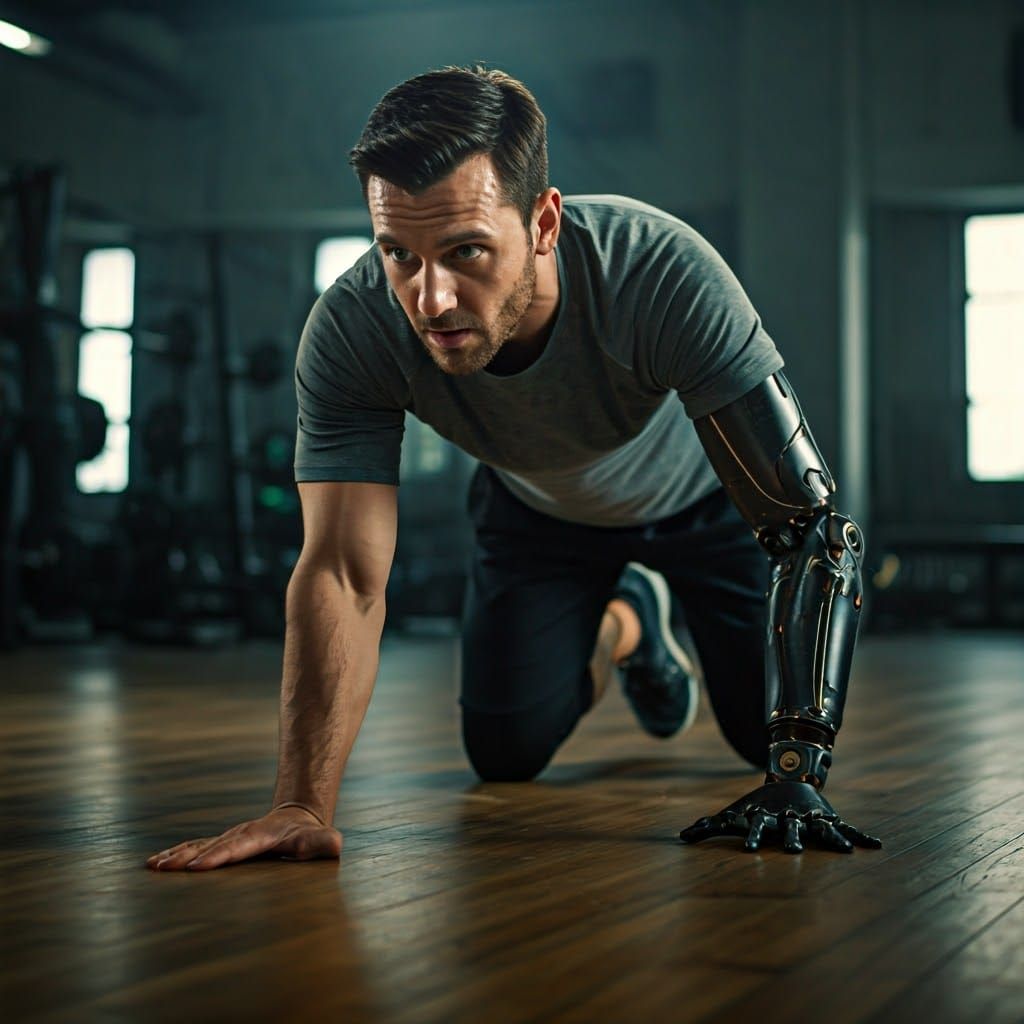 Athlete with Prosthetic Arm in Gym: Cinematic Close-Up