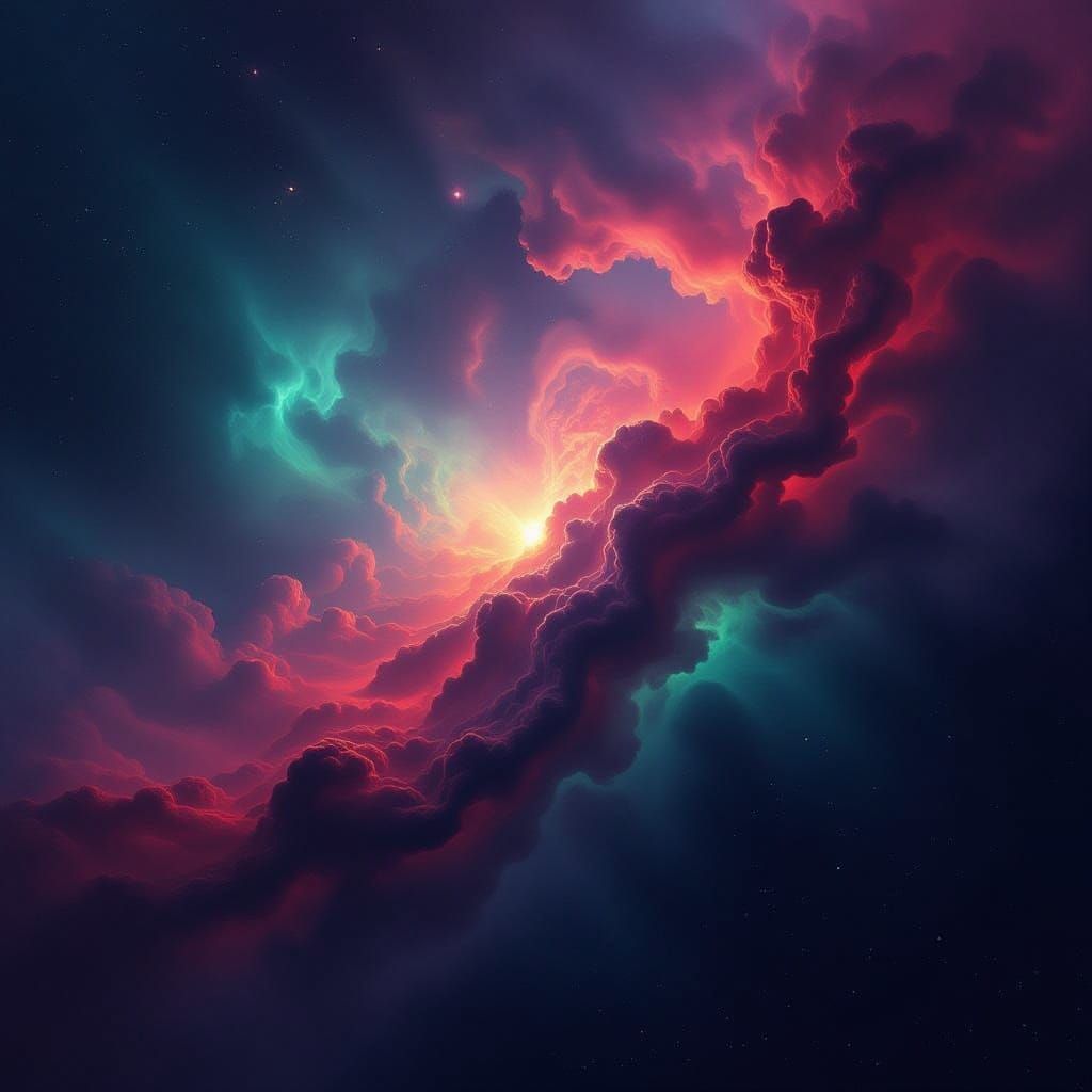 Vibrant Nebular Fog in Swirling Red, Green, and Violet Hues
