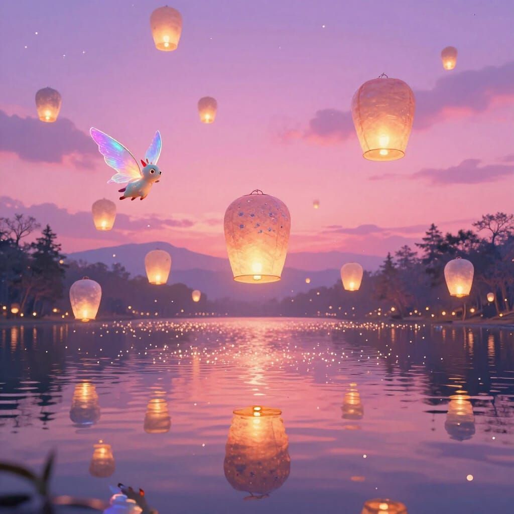 Glowing Lanterns Float Over Sparkling Lake in Fantasy Illust...