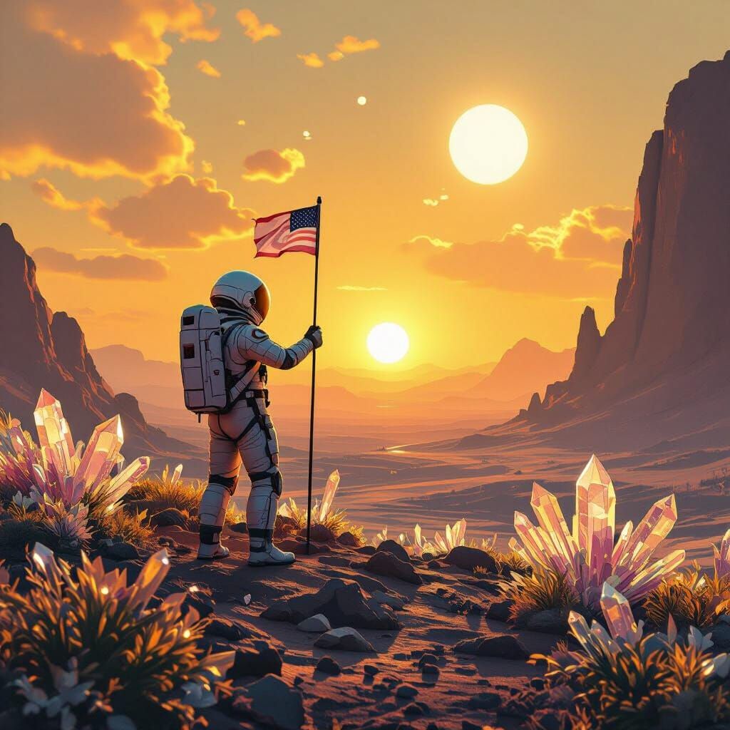 Astronaut Plants Flag on Alien Planet at Sunset