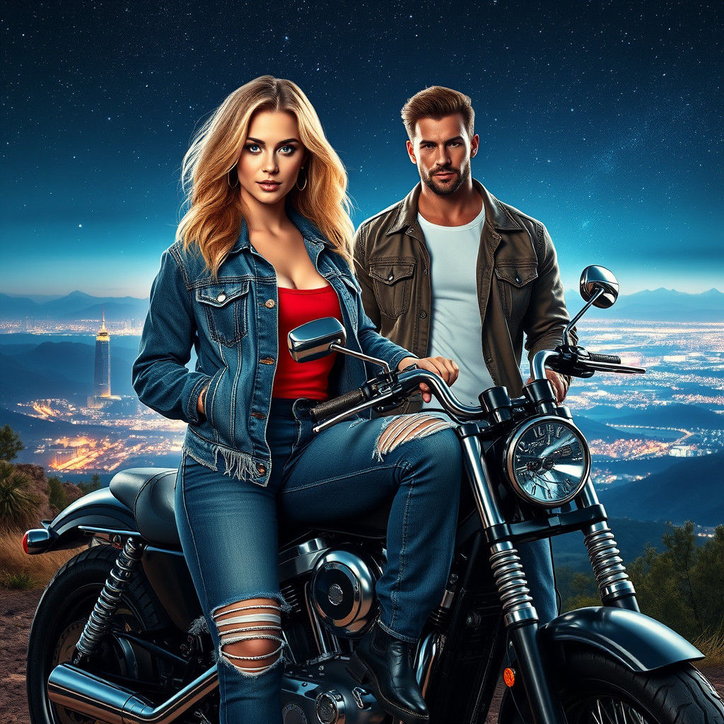 Blonde Woman on Harley with Cityscape Background