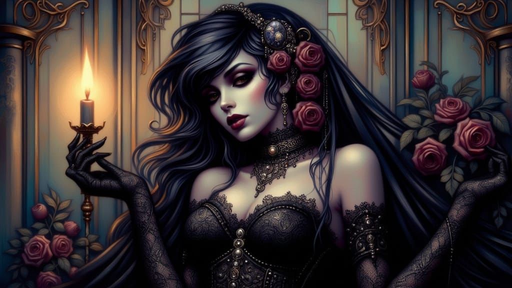 Gothic Siren in Corseted Gown with Silver Hardware