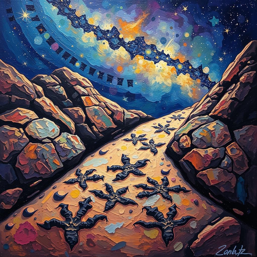 Dinosaur Tracks Under Starry Sky, Impasto Oil