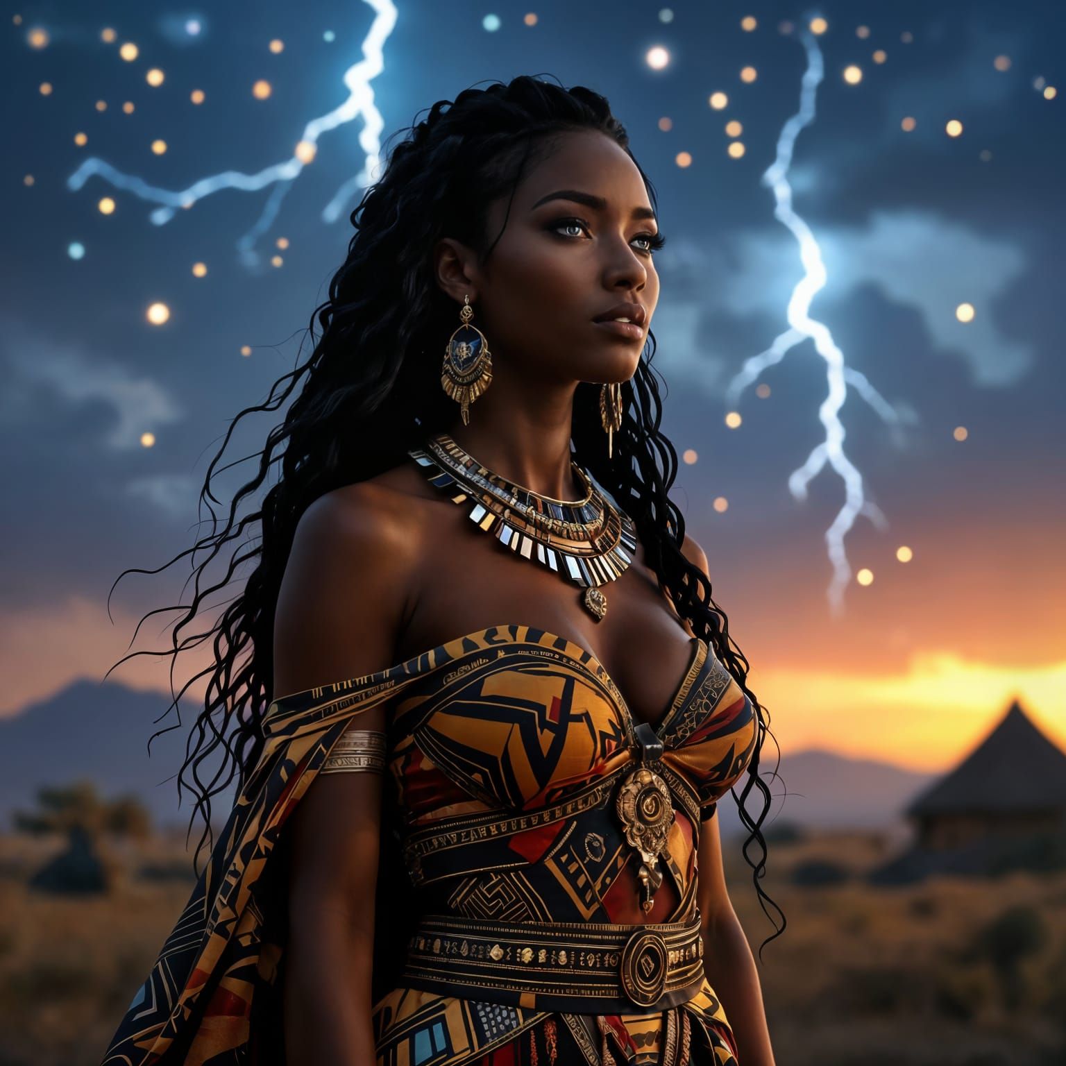 African Queen Gazes at Stars in Regal Tribal Gown