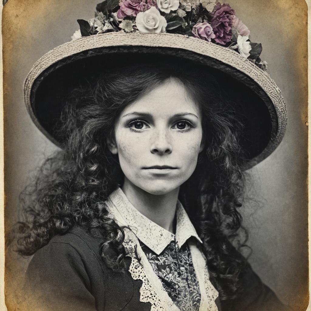 Sepia Portrait of Woman with Hat as Daguerreotype