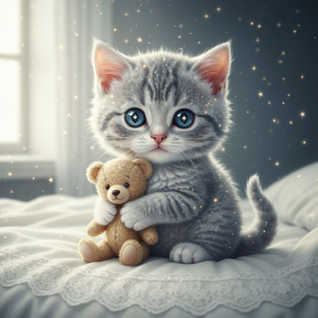 Kitten Hugging Teddy Bear in Vintage Art