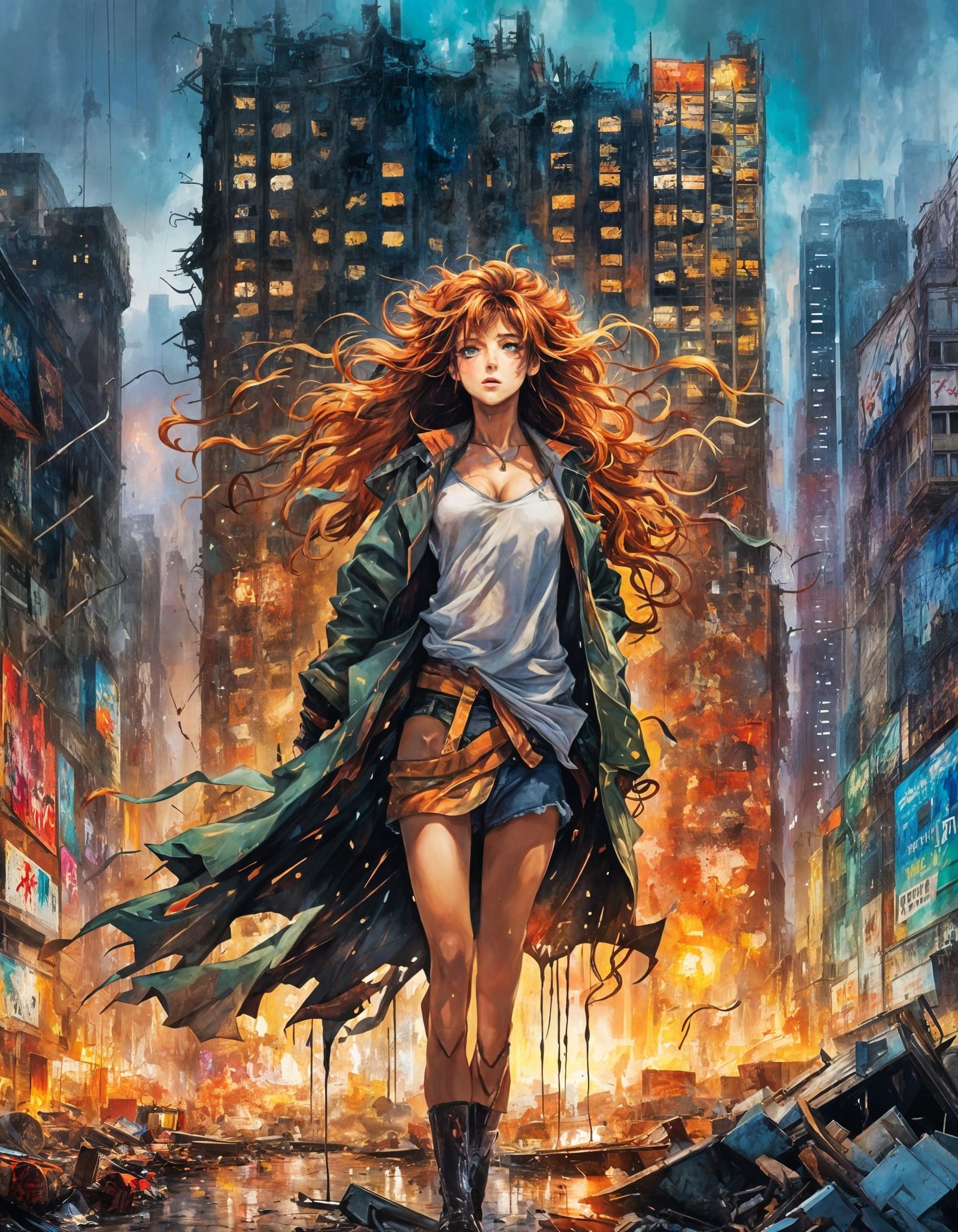 Anime Graffiti Shower in a Stormy Cityscape