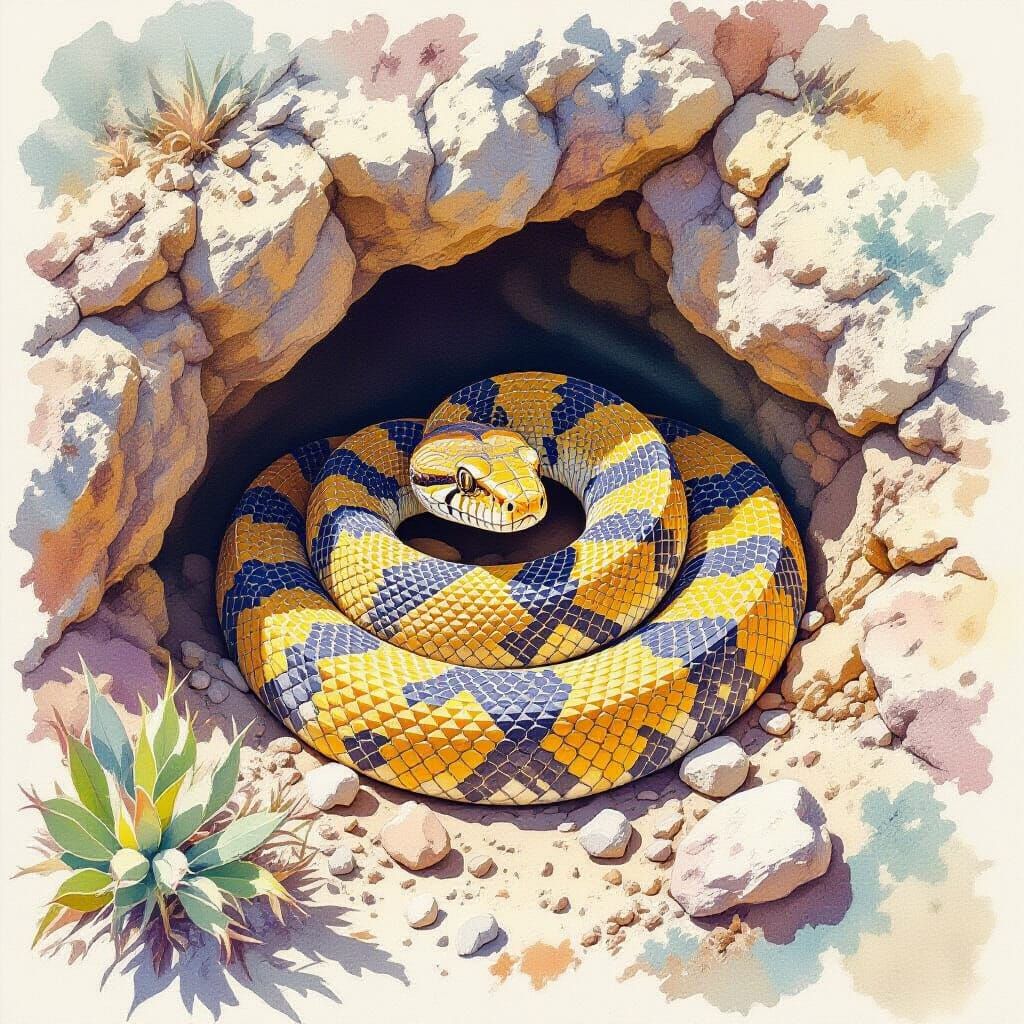 Rattlesnake in Desert Hole: Watercolor Illustration