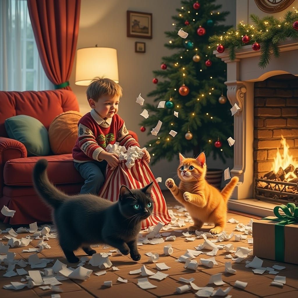 Whimsical Winter Wonderland with Feline Friends and Festive...