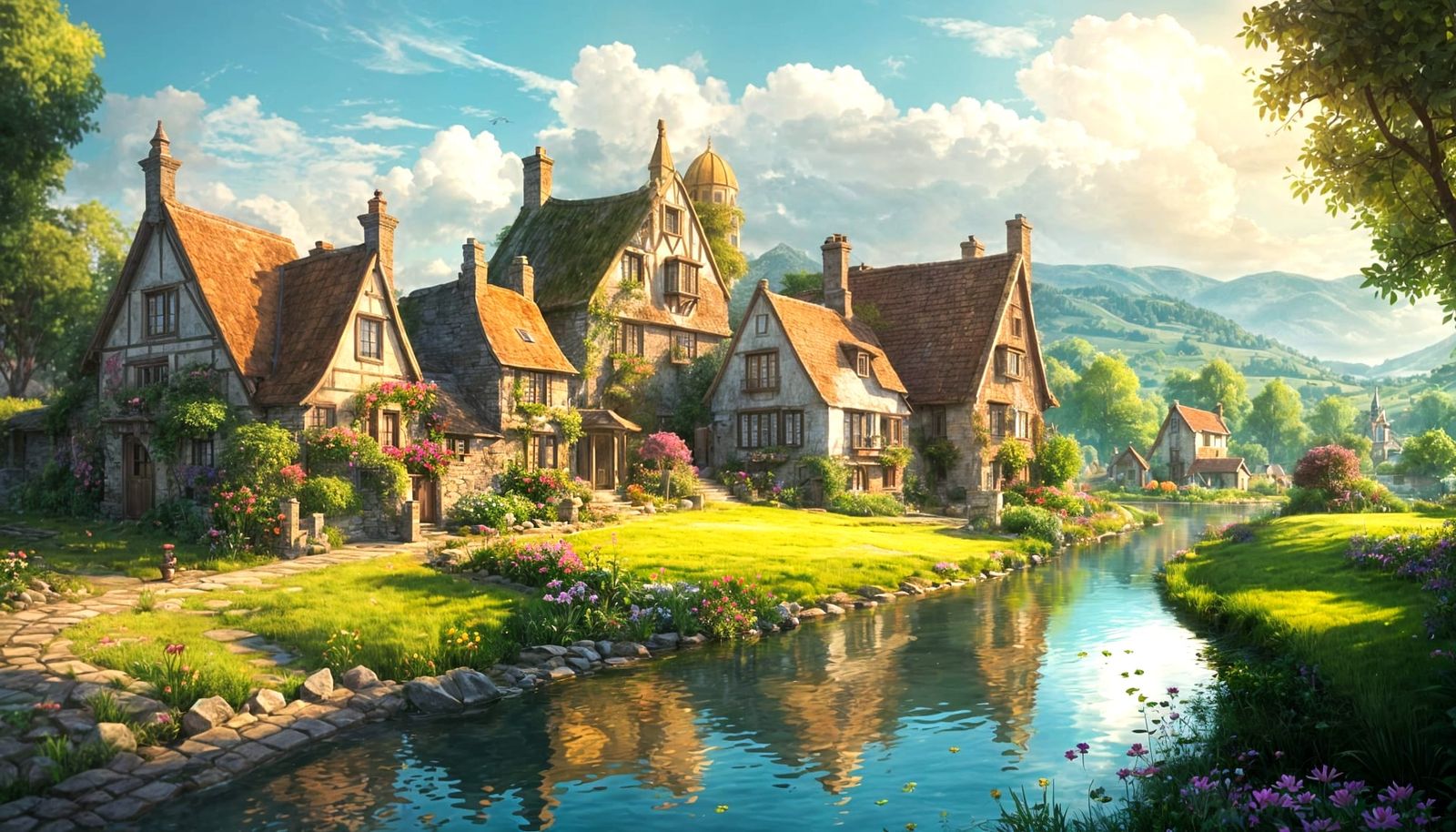 Whimsical Village Scene with Gaudi-Inspired Architecture