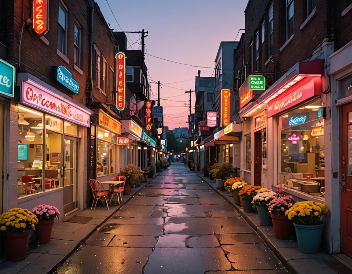 Festive Night Street Scene with Neon Lights