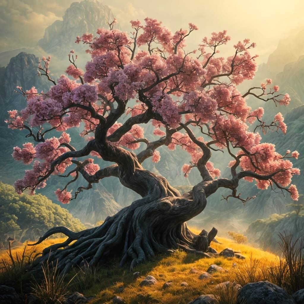 Iridescent Cherry Tree in Mystical Landscape