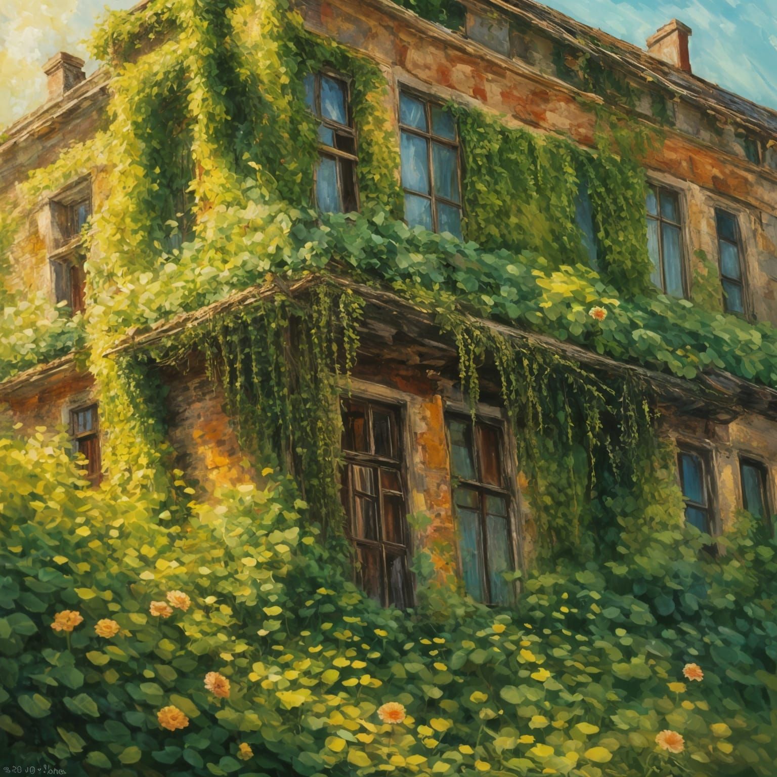 Impressionistic Vines Envelop Abandoned Building