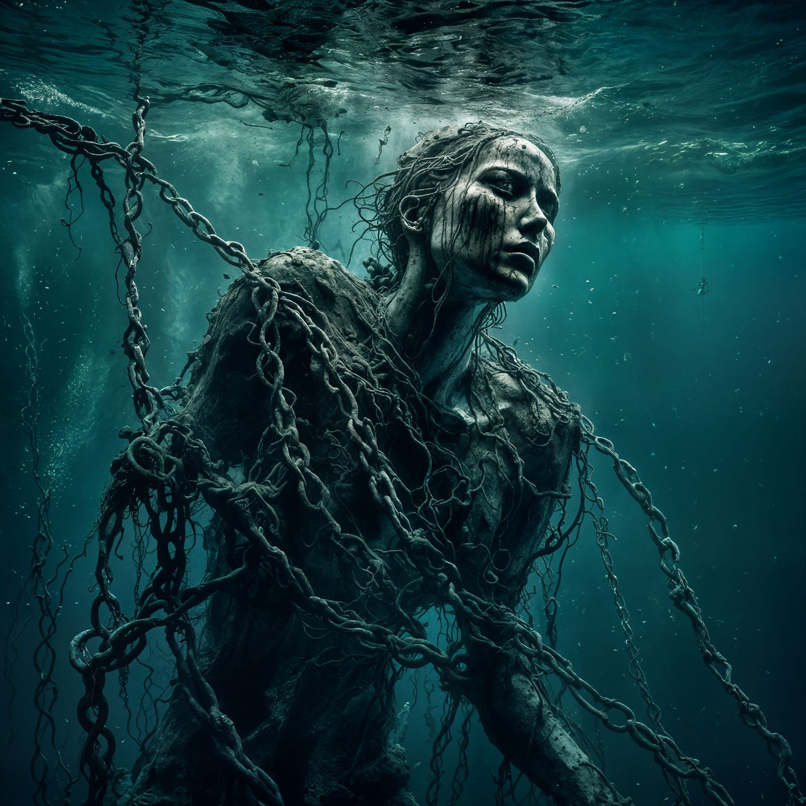 Chained Stone Statue Submerged in Ocean Depths