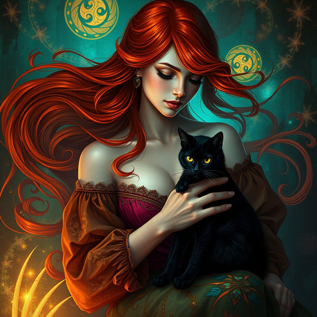 Redhead Girl with Cat, Klimt-Inspired Digital Art