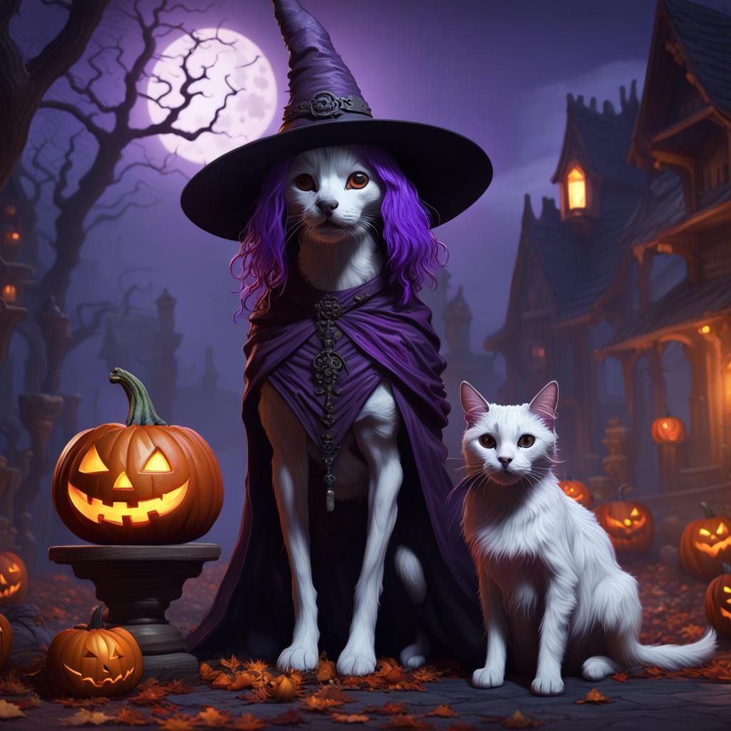 Halloween Night Scene with Dog, Cat, Witch